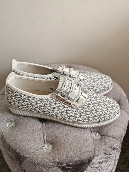 Elegant Monogram Lace-Up Sneakers Silver Accent - Image 2