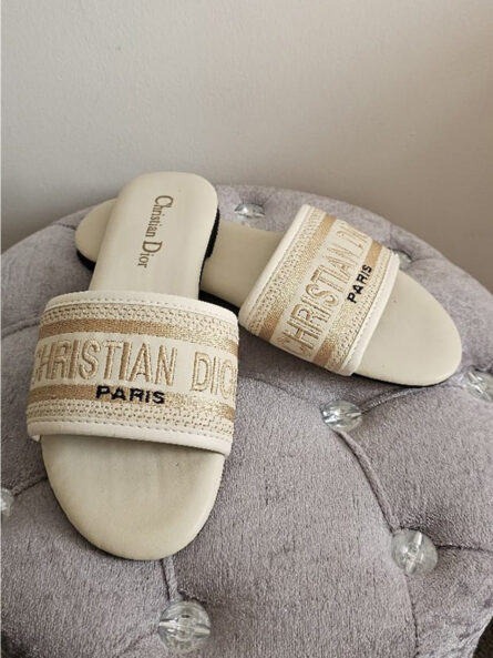 Embroidered Strap Slip-On Slides – Black & Beige - Image 5