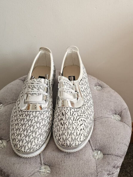 Elegant Monogram Lace-Up Sneakers Silver Accent - Image 3