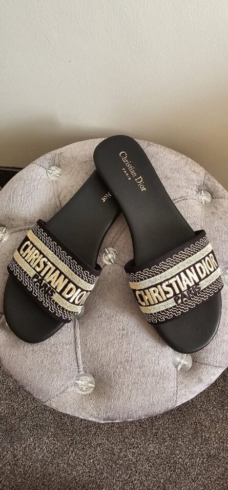 Embroidered Strap Slip-On Slides – Black & Beige - Image 3