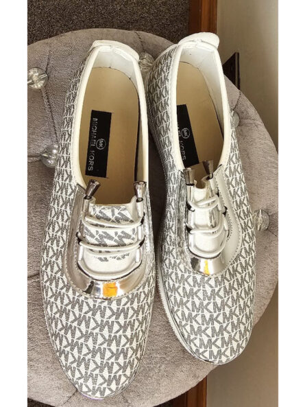 Elegant Monogram Lace-Up Sneakers Silver Accent - Image 4