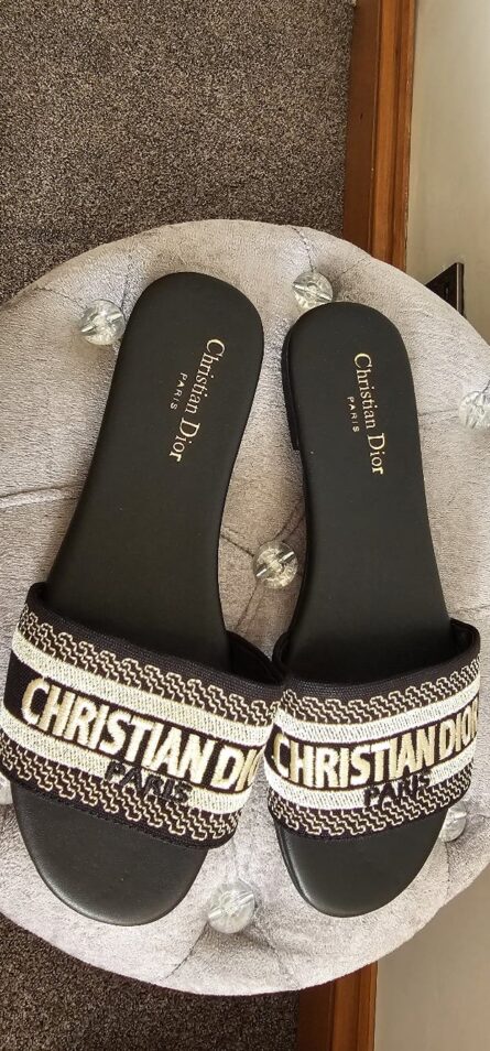 Embroidered Strap Slip-On Slides – Black & Beige - Image 2